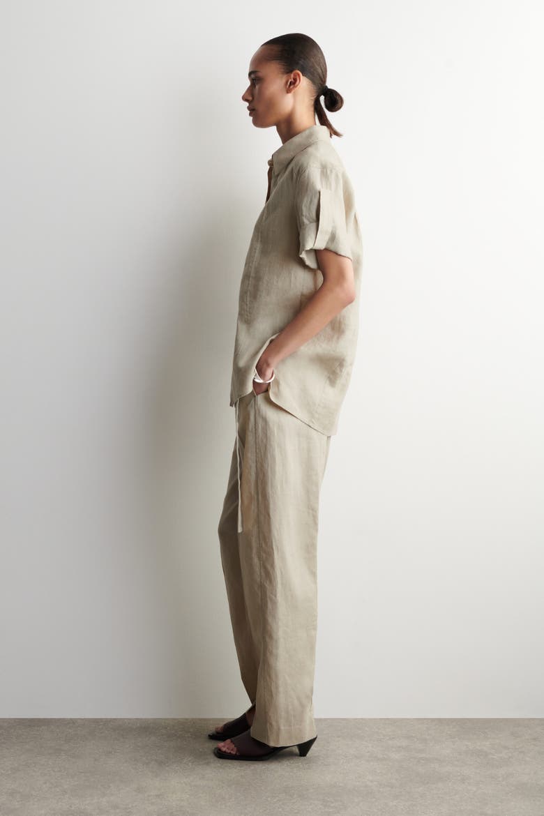 Folded-Sleeve Linen Shirt, Alternate, color, BEIGE