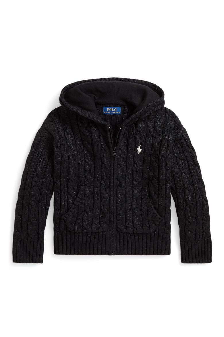 Kids' Metallic Cable Knit Hoodie, Main, color, BLACK