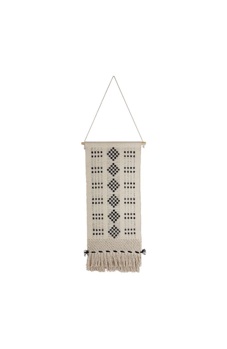 Foreside Home and Garden Hand Woven Geo Pattern Wall Art Black Cotton & Wood Dowel, Main, color, Beige