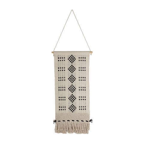 Hand Woven Geo Pattern Wall Art Black Cotton & Wood Dowel