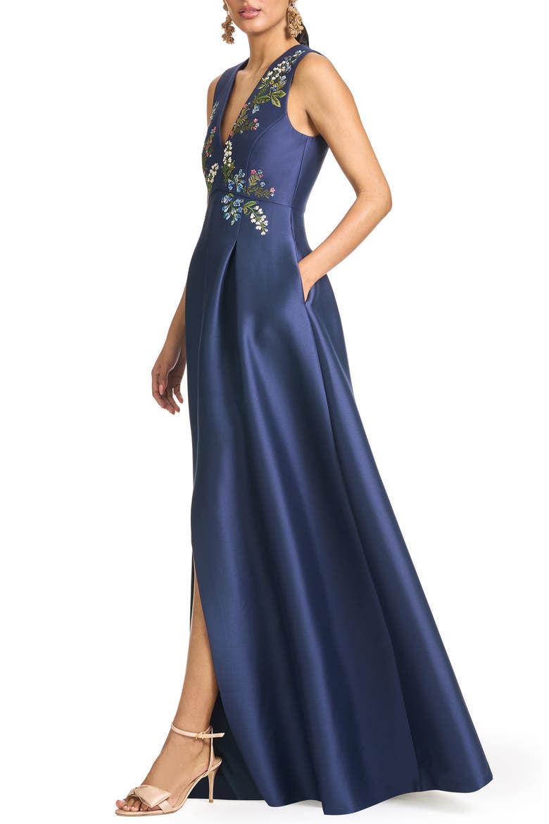 Embroidered Floral Sleeveless Mikado Gown, Alternate, color, WASHED INDIGO