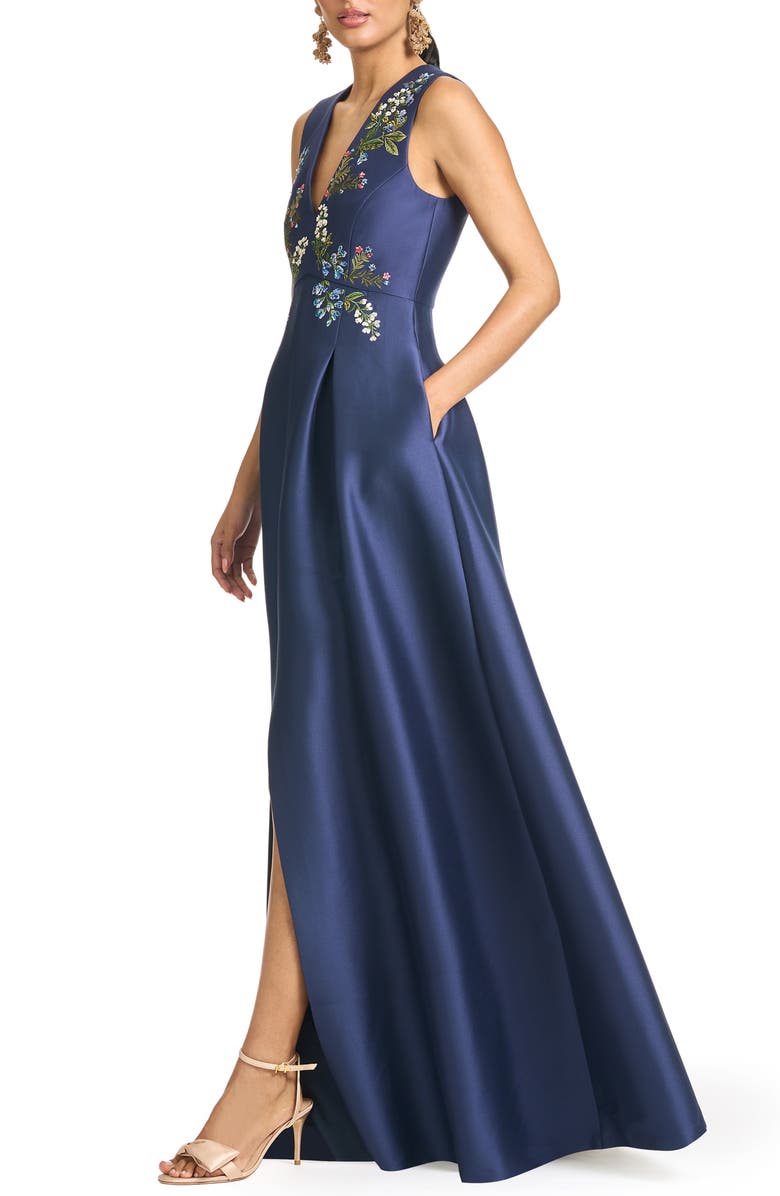 Sachin & Babi Embroidered Floral Sleeveless Mikado Gown, Alternate, color, Washed Indigo