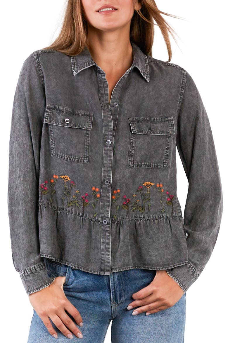 Life is a Flower Embroidered Button-Up Shirt, Main, color, GREY WASH