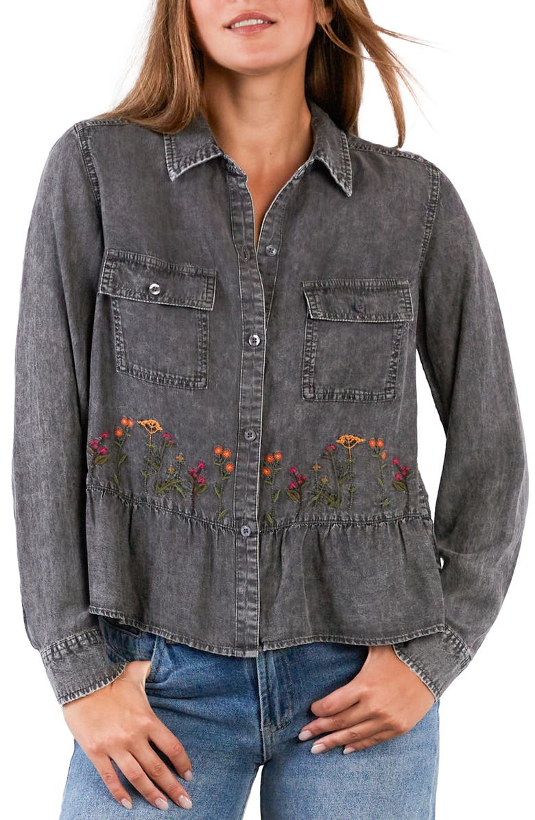 Billy T Life is a Flower Embroidered Button-Up Shirt, Main, color, Grey Wash