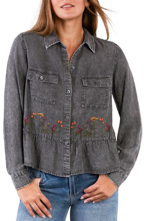 Life is a Flower Embroidered Button-Up Shirt