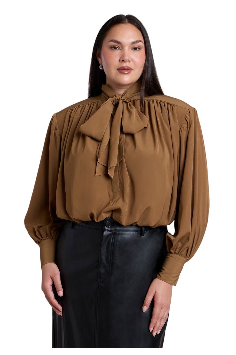 Power Shoulder Cropped Blouse With Neck Tie, Main, color, COCO MOCHA