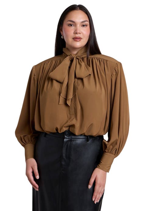 Power Shoulder Cropped Blouse With Neck Tie (plus)