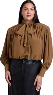 ELOQUII Power Shoulder Cropped Blouse With Neck Tie