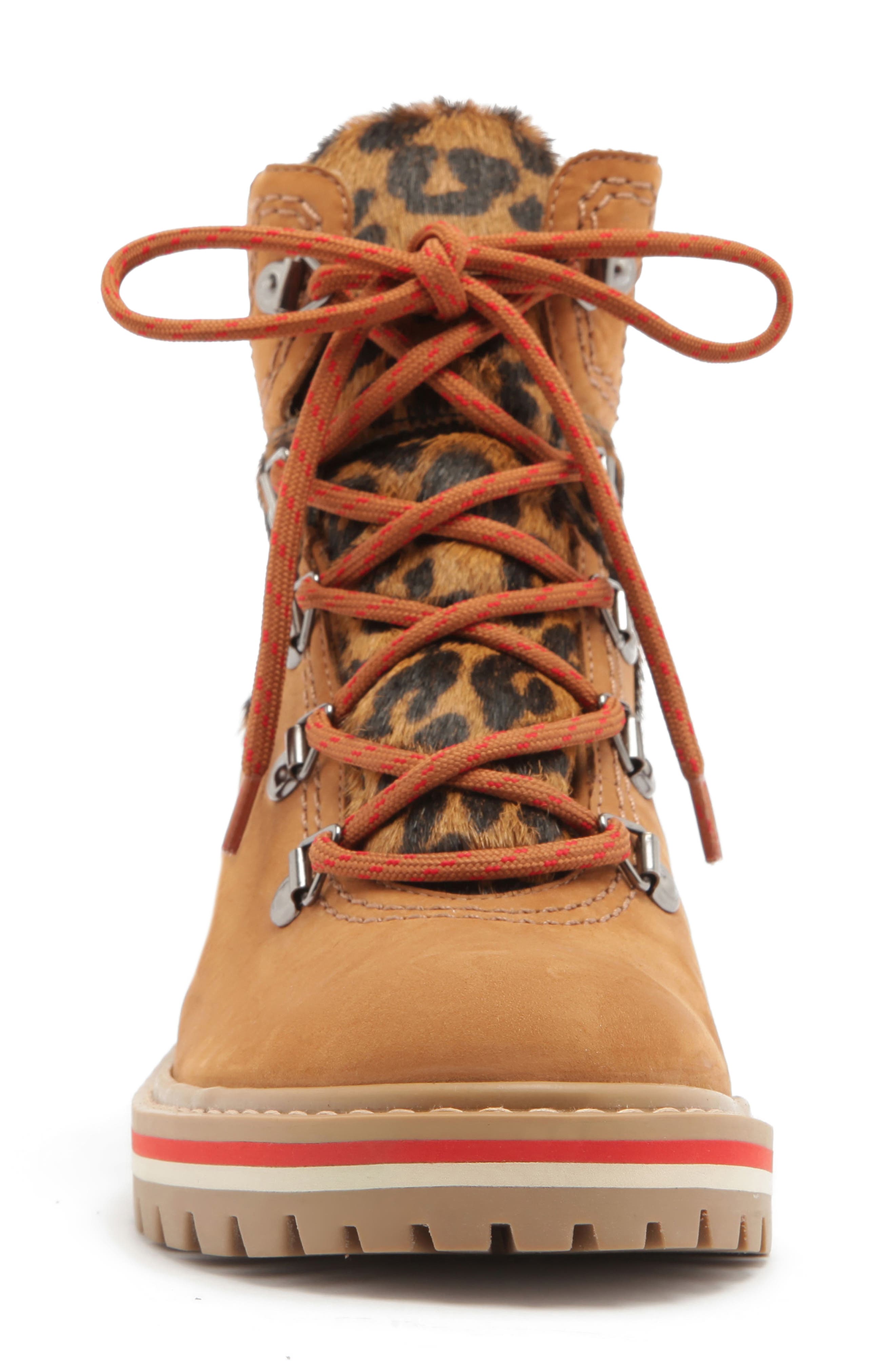 Keida Leopard Print Genuine Calf Hair Trim Hiking Boot, Alternate, color, WOOD/ SAND-BLACK CALF HAIR