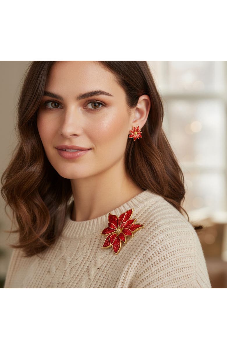BLING JEWELRY Large Enamel Pointsettia Clip-On Earrings, Alternate, color, Gold