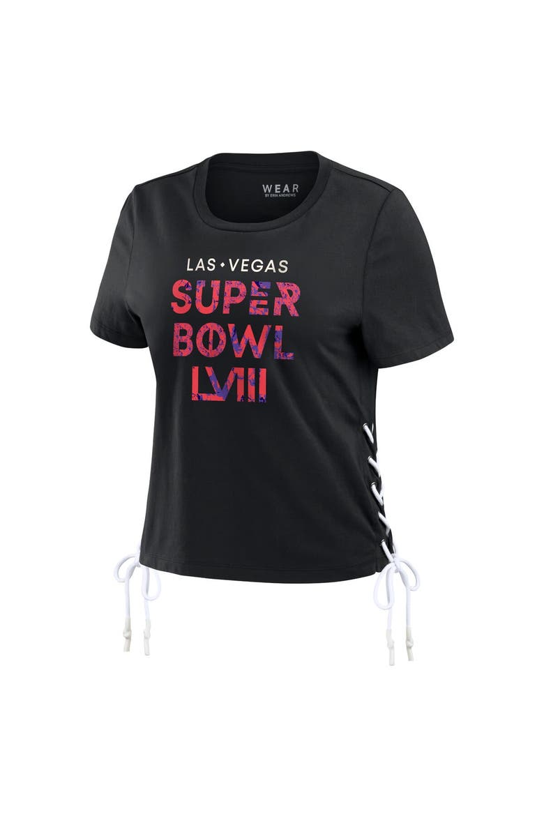 Women's WEAR by Erin Andrews Black Super Bowl LVIII Cropped Lace-Up T-Shirt, Alternate, color, Black
