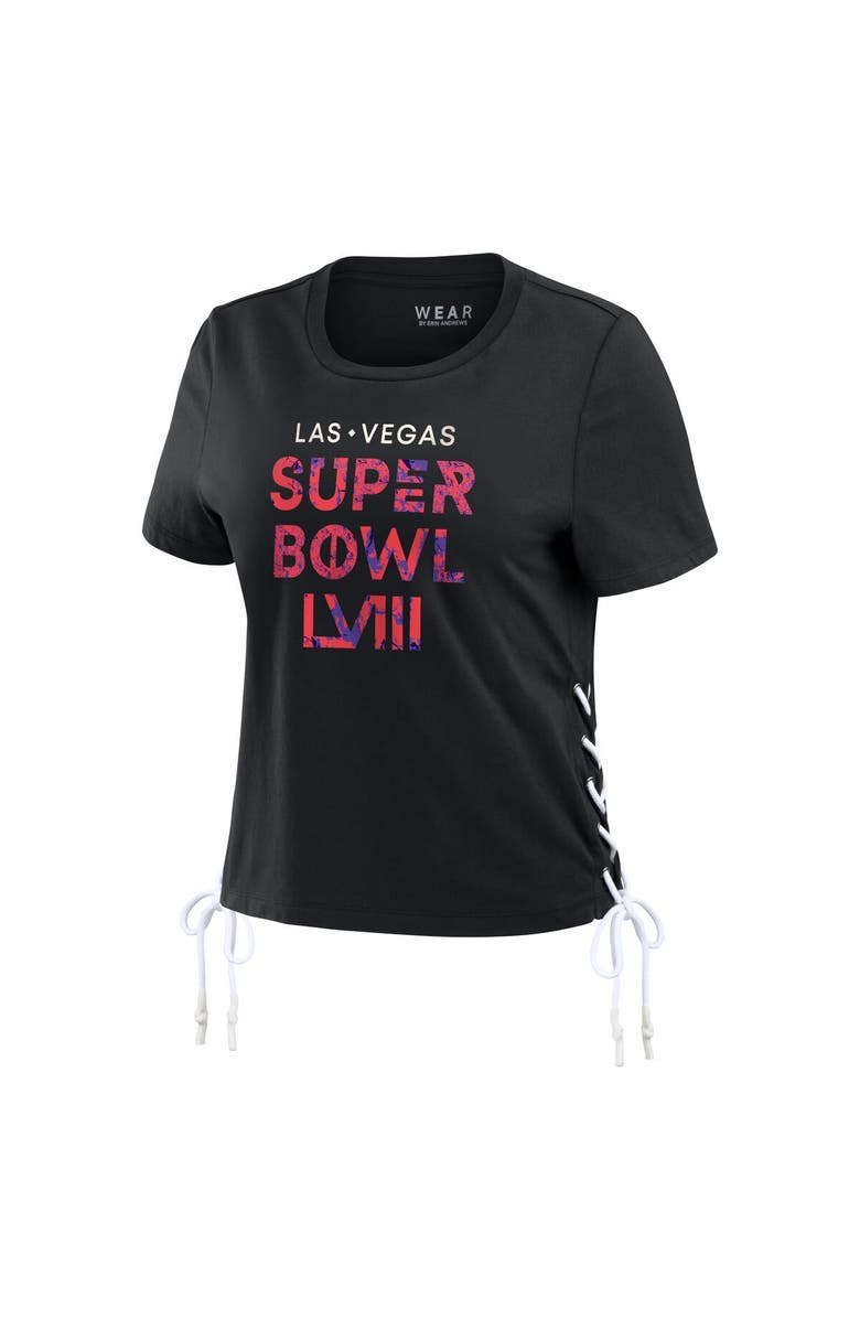 WEAR by Erin Andrews Women's WEAR by Erin Andrews Black Super Bowl LVIII Cropped Lace-Up T-Shirt, Alternate, color, 