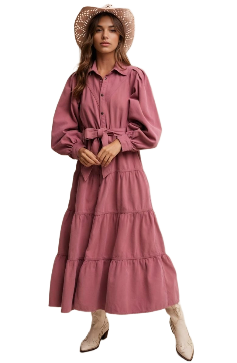 Knit and Lounge Rose Tiered Belted Button Down Maxi Shirt Dress, Alternate, color, Rose