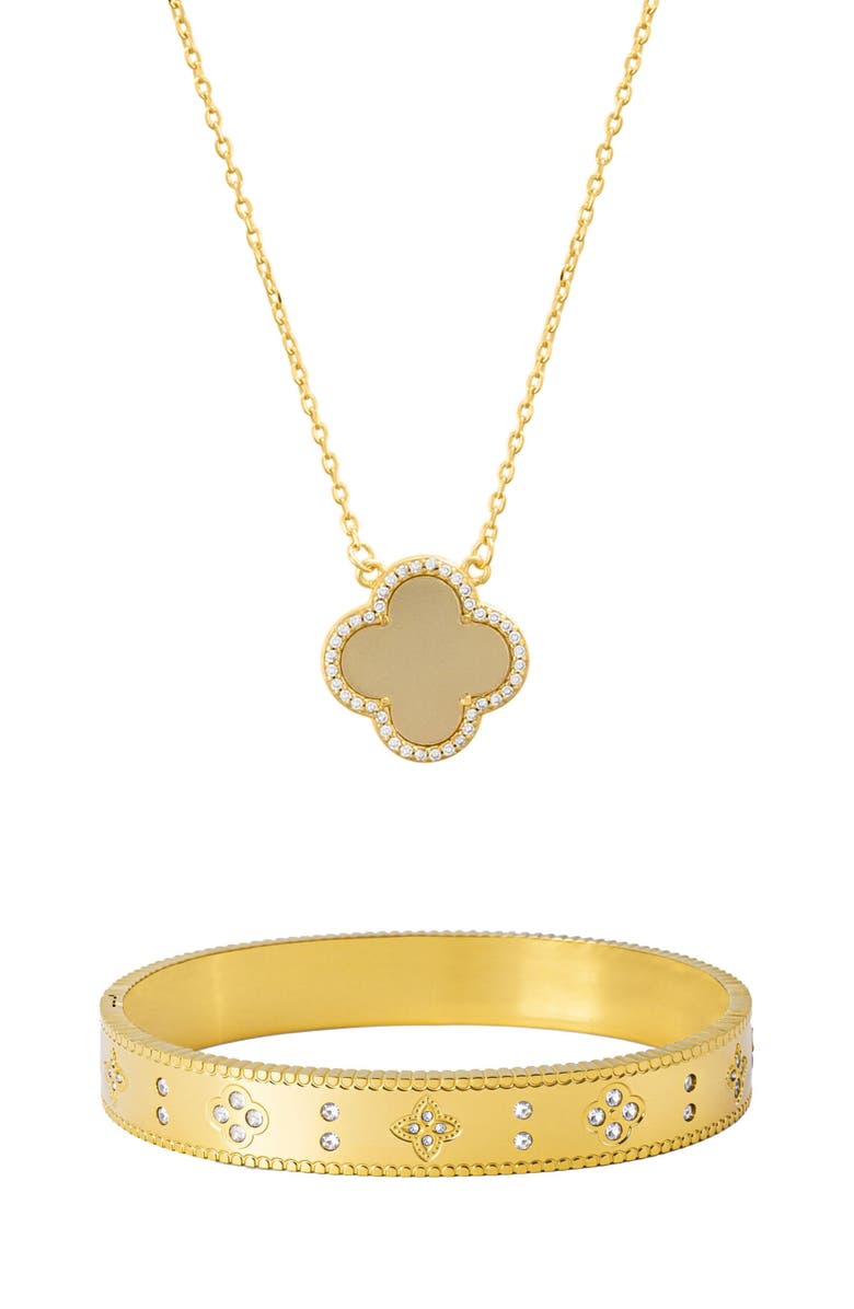 Adornia Halo Clover Pendant Necklace & Bracelet Set, Main, color, Gold