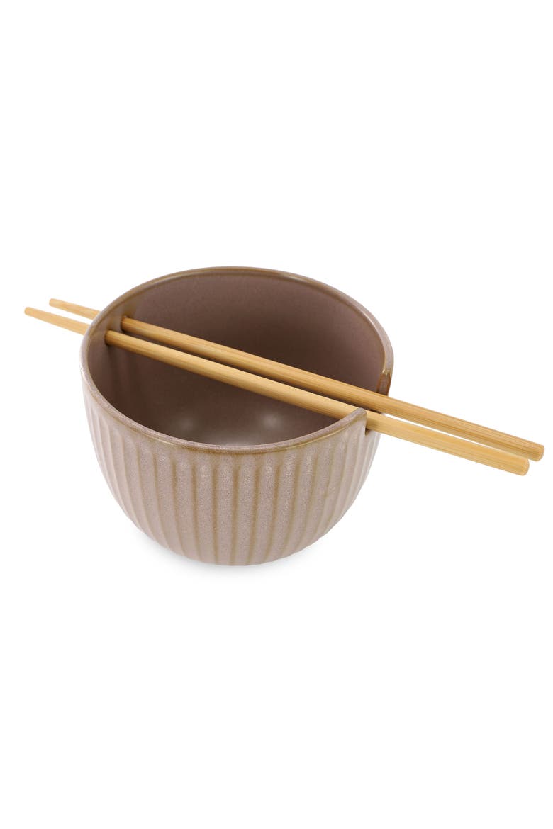 Stoneware Noodle Bowl with Chopsticks in Pale Mauve, Alternate, color, Pink