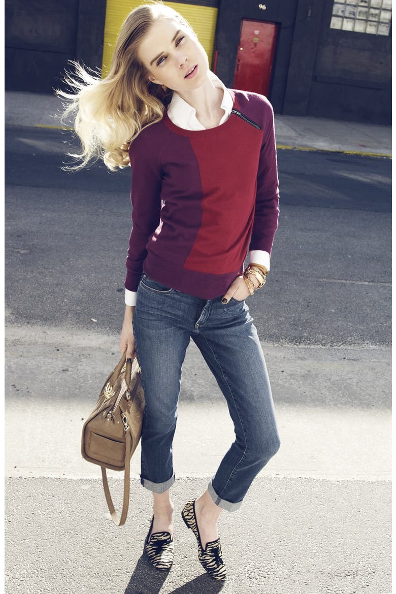 Zip Trim Colorblock Crewneck Sweater, Alternate, color, GREY COLORBLOCK