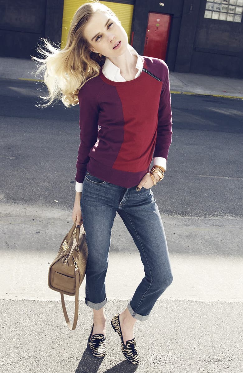 Amber Sun Zip Trim Colorblock Crewneck Sweater, Alternate, color,