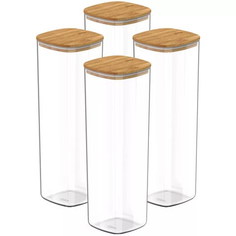 Clear Stackable Airtight Food Storage Container Set with Wood Lid 8 Piece (4 Jars + 4 Lids)