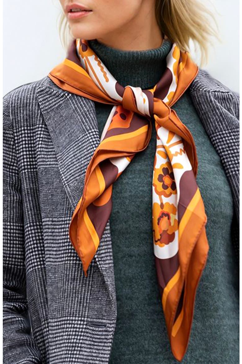 Double Sided Silk Scarf Of Leopards With Floral Fountain, Alternate, color, Brown