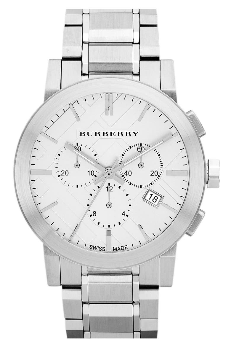 Check Stamped Chronograph Bracelet Watch, 44mm, Main, color, SILVER