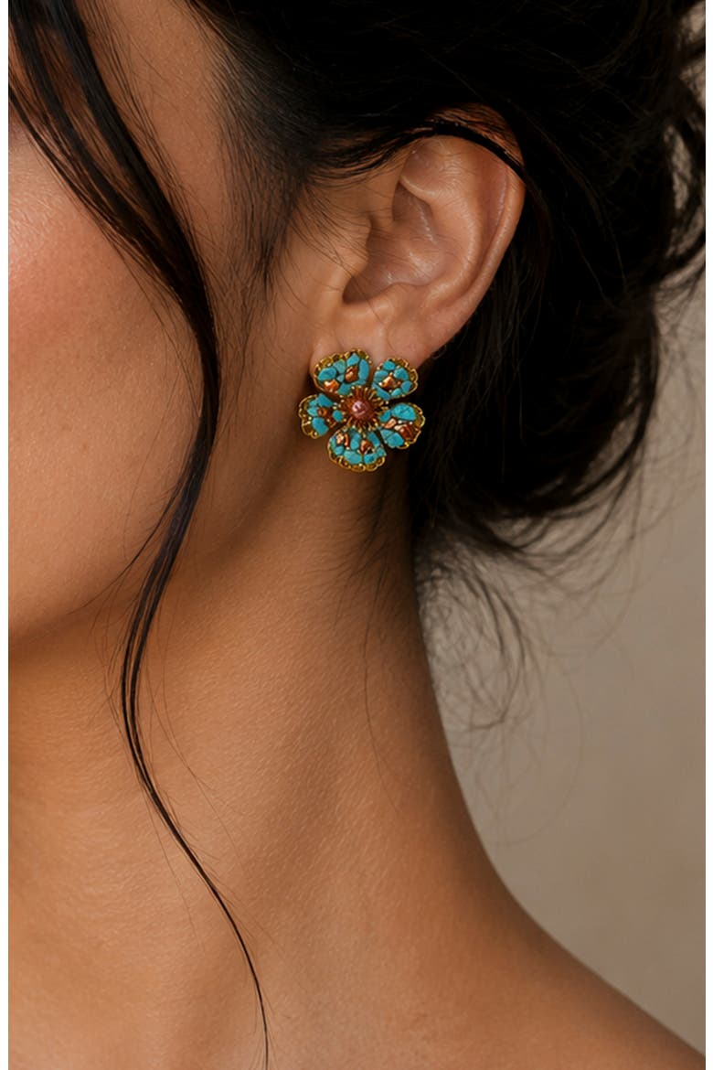 Turquoise Flower Stud Earrings, Alternate, color, GOLD