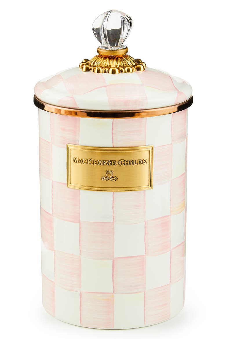 Rosy Check Enameled Steel Large Canister, Main, color, PINK/ WHITE