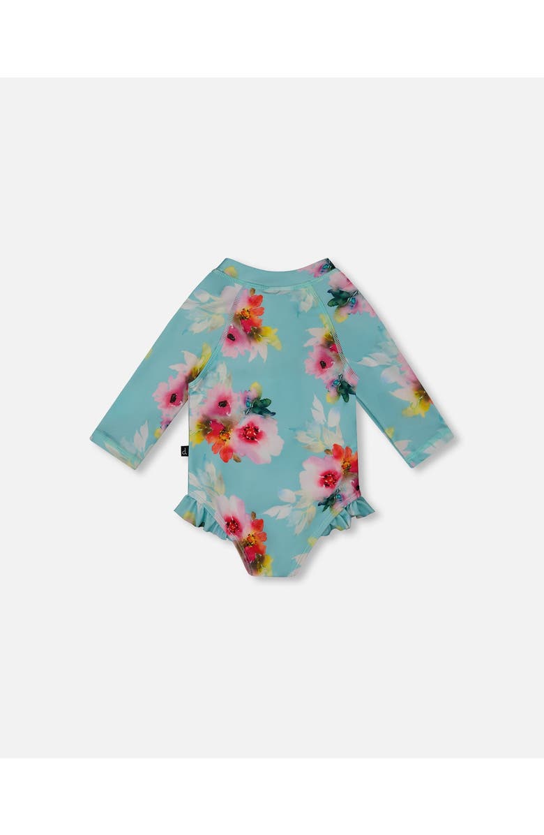 Deux par Deux Little Girl's Printed One-Piece Rashguard With Frills Turquoise And Pink Flowers, Alternate, color,