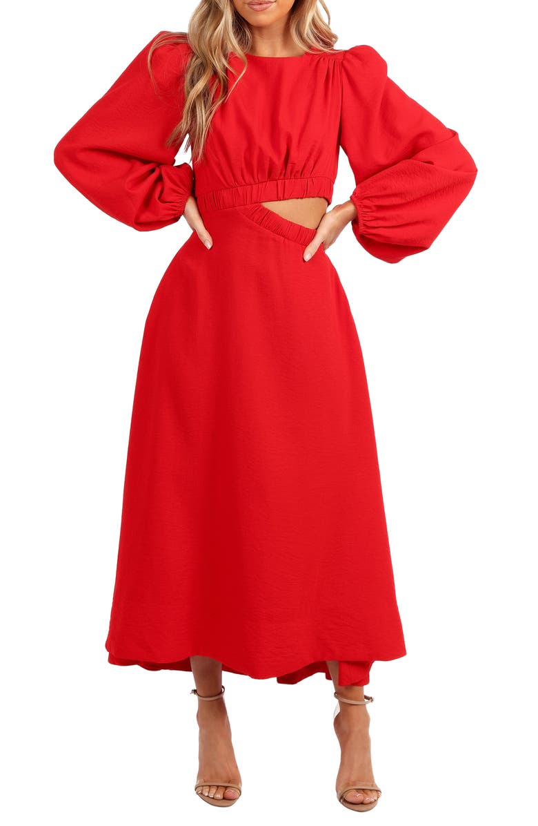 Petal & Pup Ginnee Long Sleeve Cutout Midi Dress, Main, color, Red