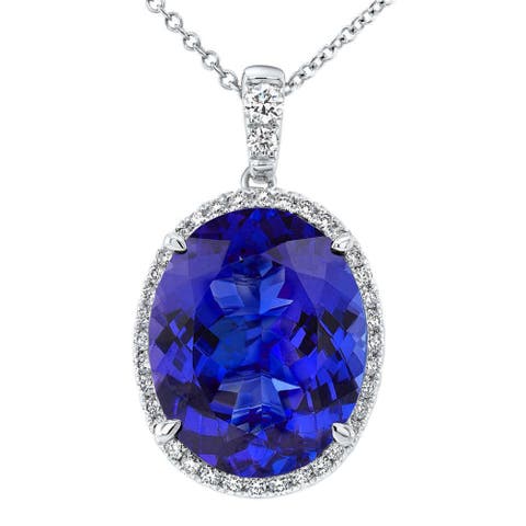 5 Ct TW Oval Tanzanite & Lab Grown Diamond Halo Pendant 14k Gold Necklace