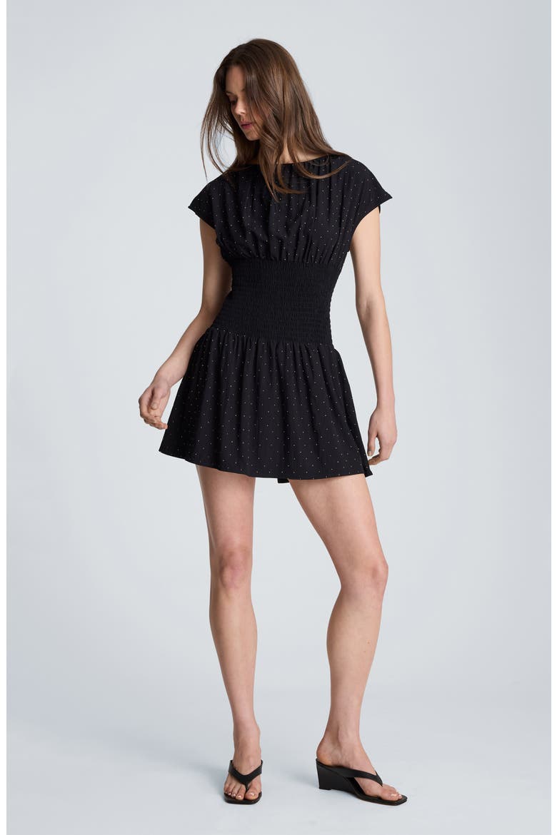 Pin Dot Smock Waist Minidress, Alternate, color, BLACK