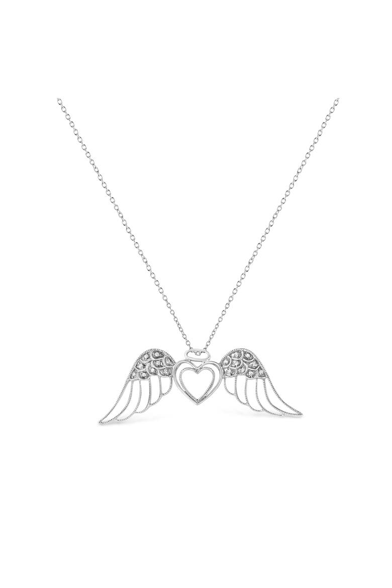 Silver Pave-Set Diamond Accent Angel Wing Double Heart Pendant Necklace, Alternate, color, White