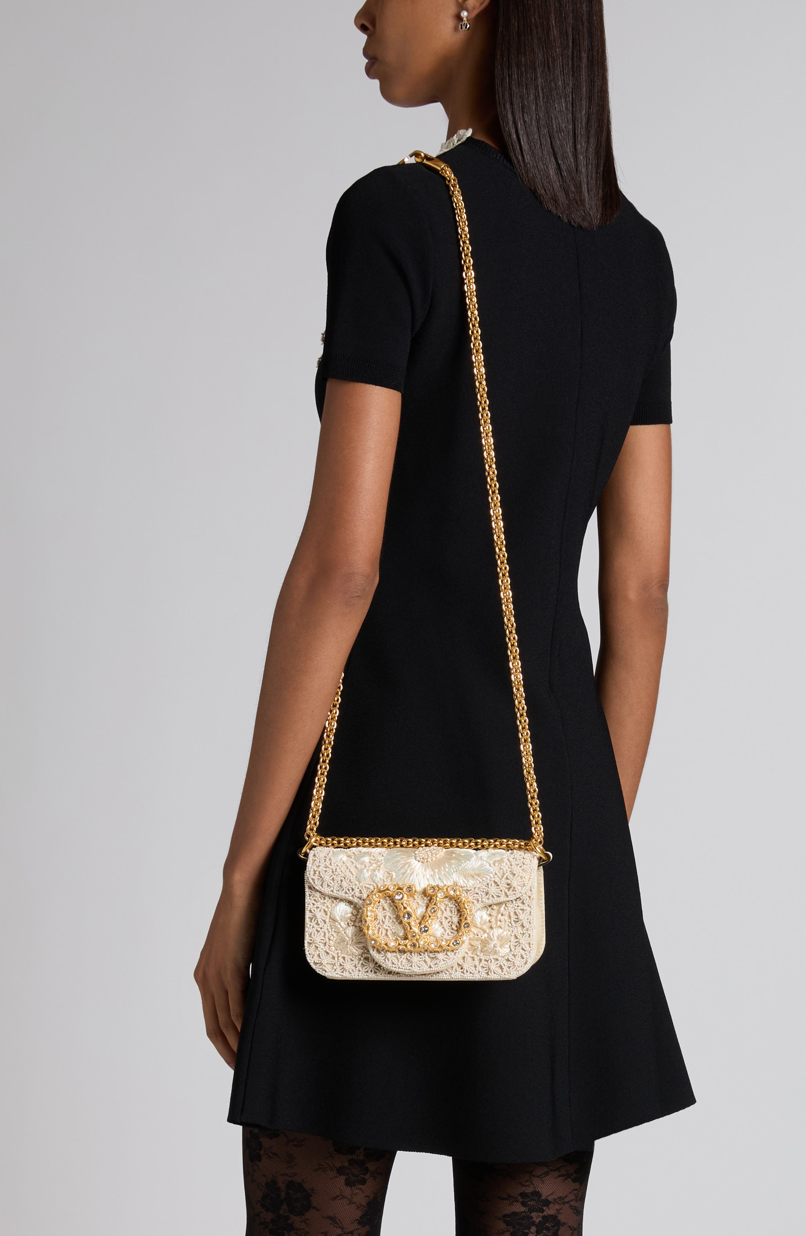 Valentino Garavani Small Locò VLOGO Faux Pearl & Crystal Embellished Satin Shoulder Bag, Alternate, color, White/ Cream