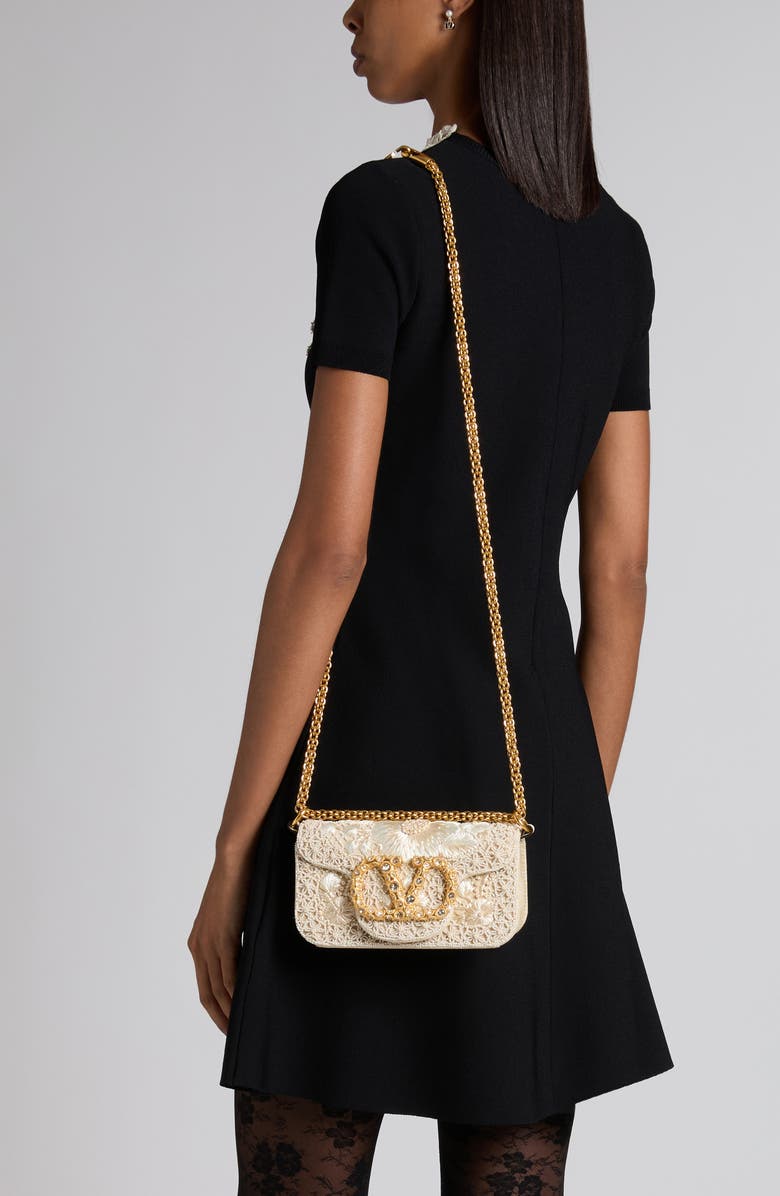 Valentino Garavani Small Locò VLOGO Faux Pearl & Crystal Embellished Satin Shoulder Bag, Alternate, color, White/ Cream