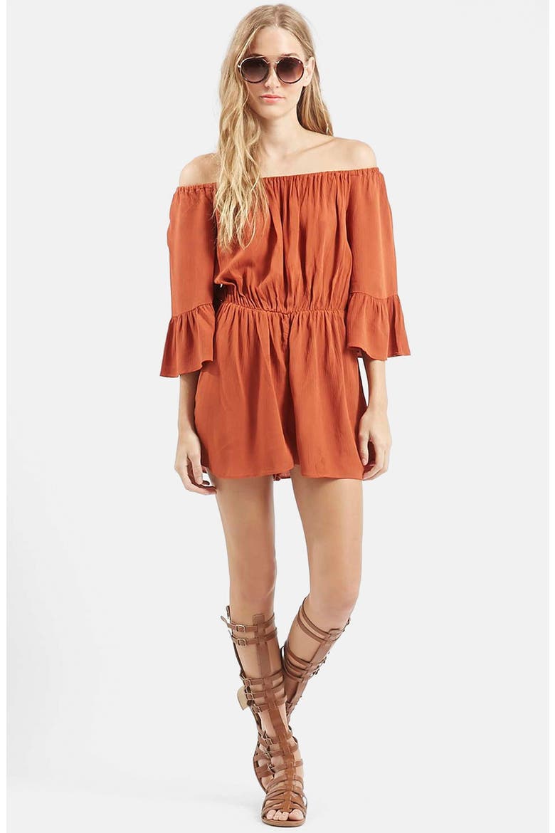 Crinkly Off the Shoulder Romper, Alternate, color, RUST