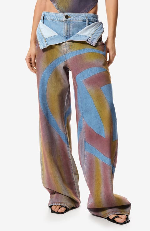 Fold Over Wide Leg Jeans (Medium Beige)