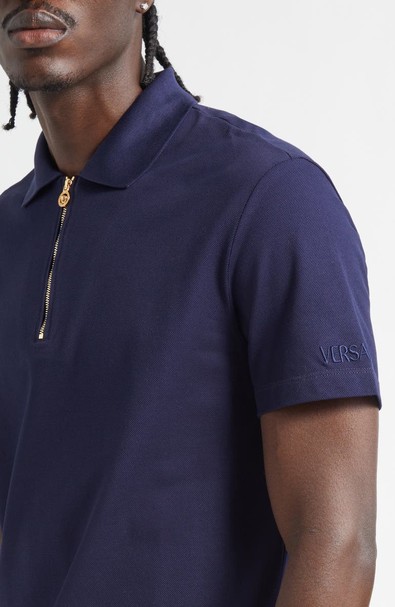 Versace Half Zip Cotton Piqué Polo, Alternate, color, Navy Blue