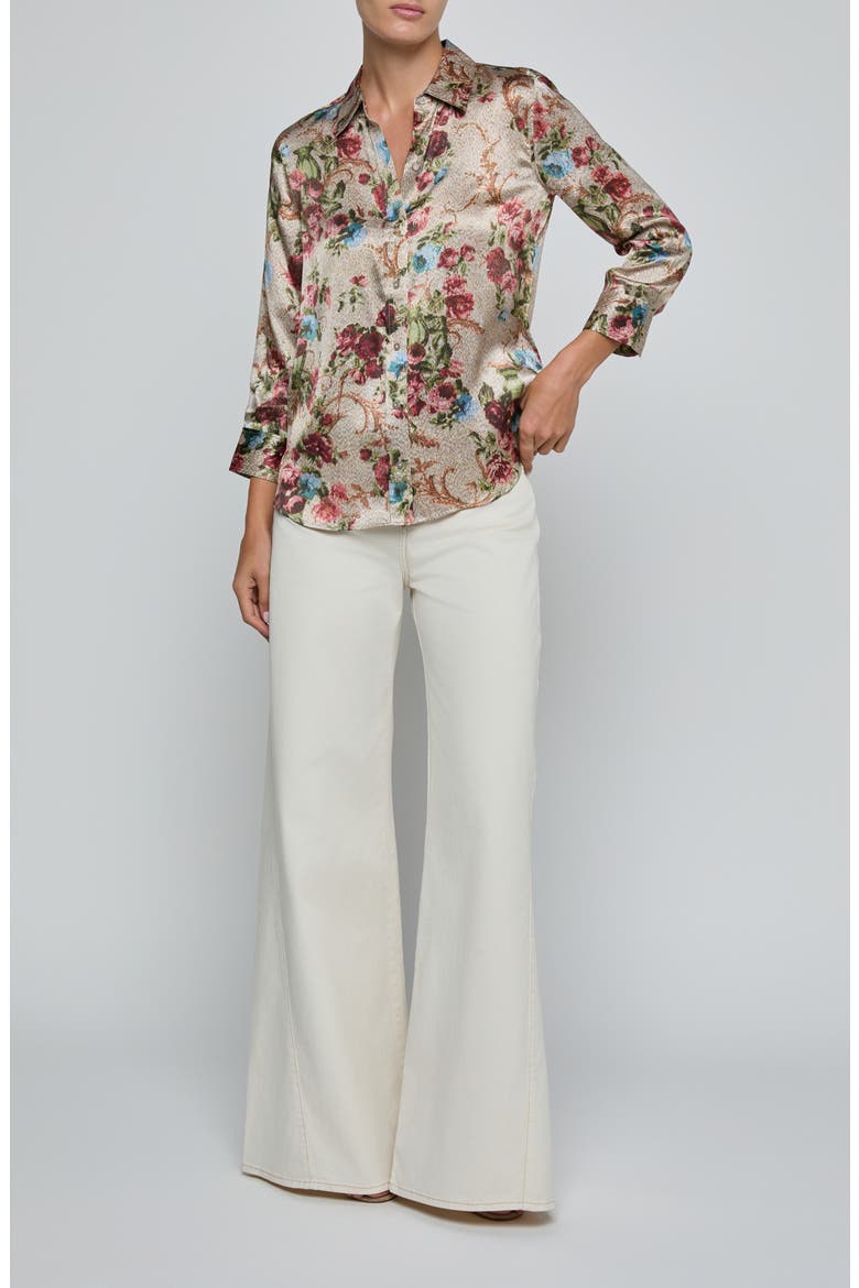 Dani Floral Tapestry Print Three-Quarter Sleeve Silk Button-Up Shirt, Alternate, color, MULTI FLORAL TAPESTRY