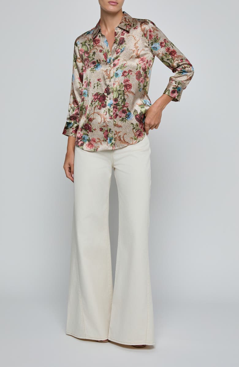 L'AGENCE Dani Floral Tapestry Print Three-Quarter Sleeve Silk Button-Up Shirt, Alternate, color, Multi Floral Tapestry