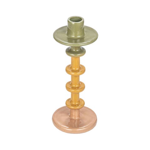Enameled Decorative Metal Taper Candle Holder, Green, Tan And Pink