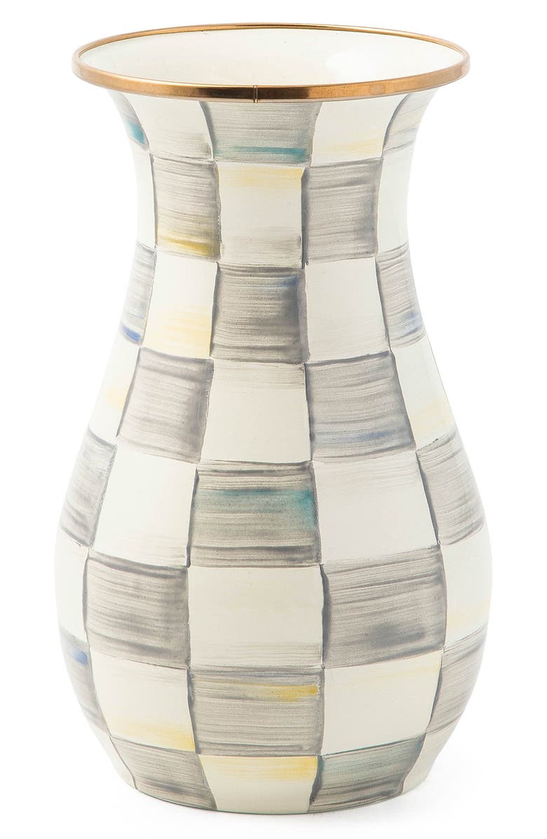 MACKENZIE CHILDS Sterling Check Enameled Steel Tall Vase, Main, color, Grey/ White