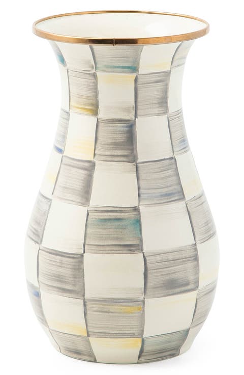 Sterling Check Enameled Steel Tall Vase
