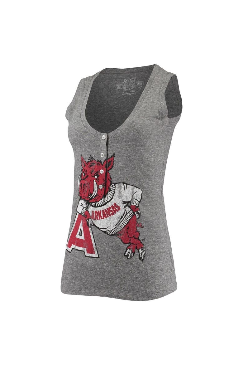 Women's Original Retro Brand Heathered Gray Arkansas Razorbacks Relaxed Henley Tri-Blend V-Neck Logo Tank Top, Alternate, color, Heather Gray