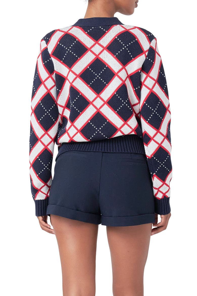 Diamond Pattern V-Neck Cardigan, Alternate, color, NAVY MULTI