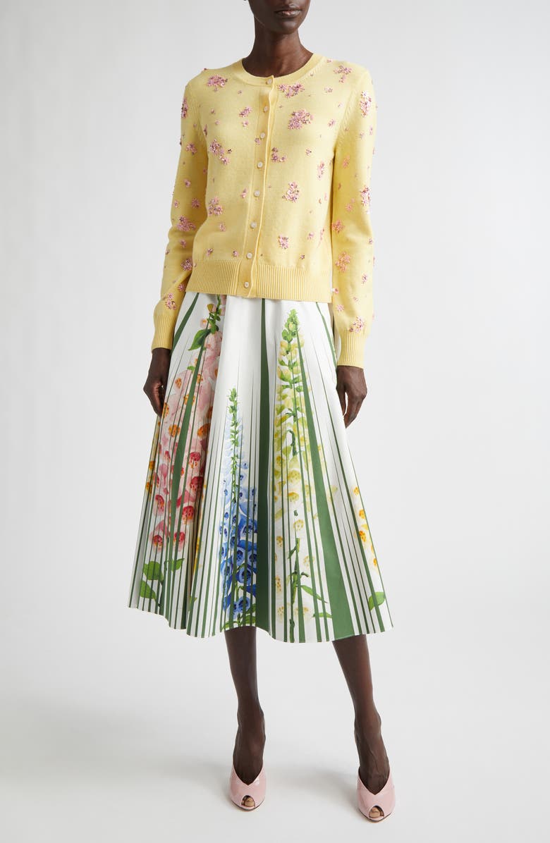 Oscar de la Renta Sequin & Crystal Embroidered Wool Cardigan, Alternate, color, Yellow/ Pink