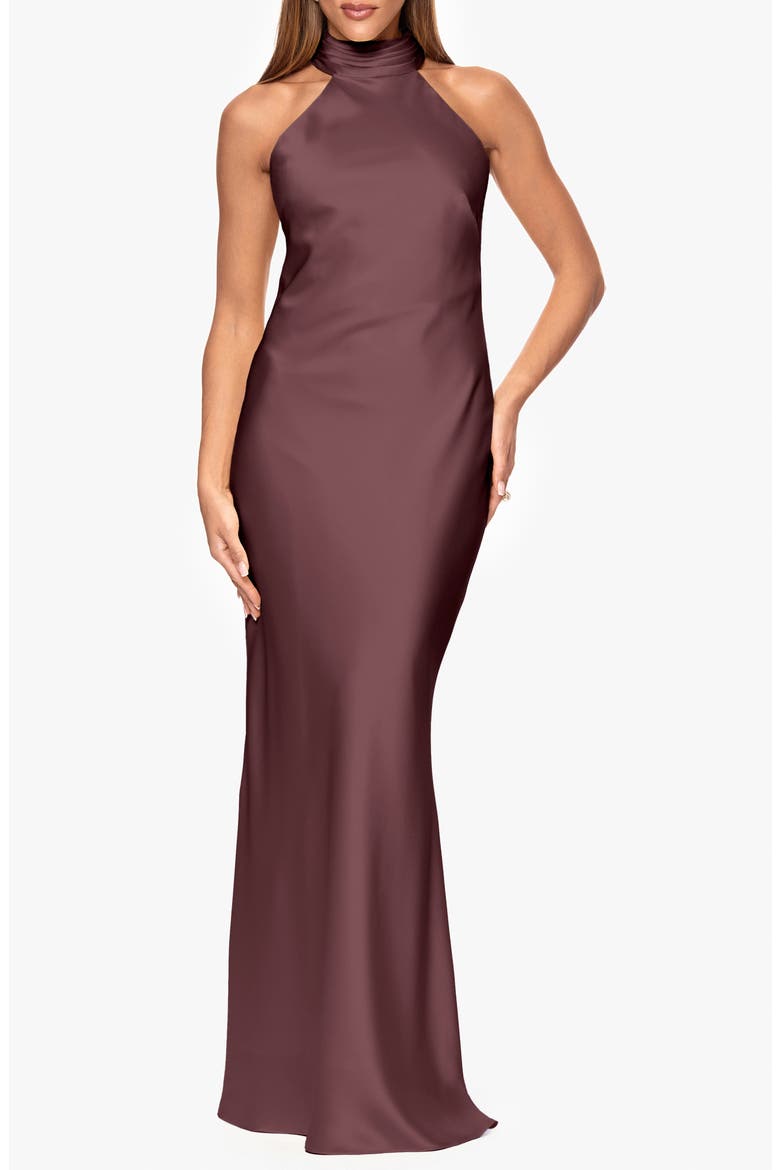 Halter Neck Satin Sheath Gown, Main, color, CHOCOLATE