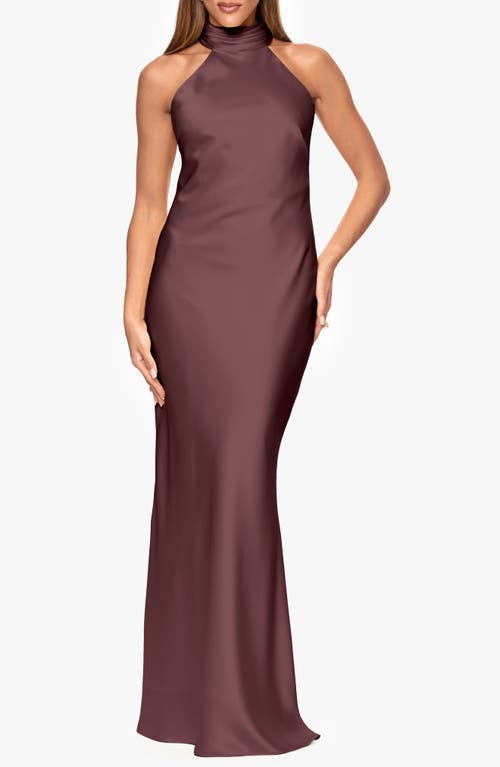 Xscape Evenings Halter Neck Satin Sheath Gown In Brown