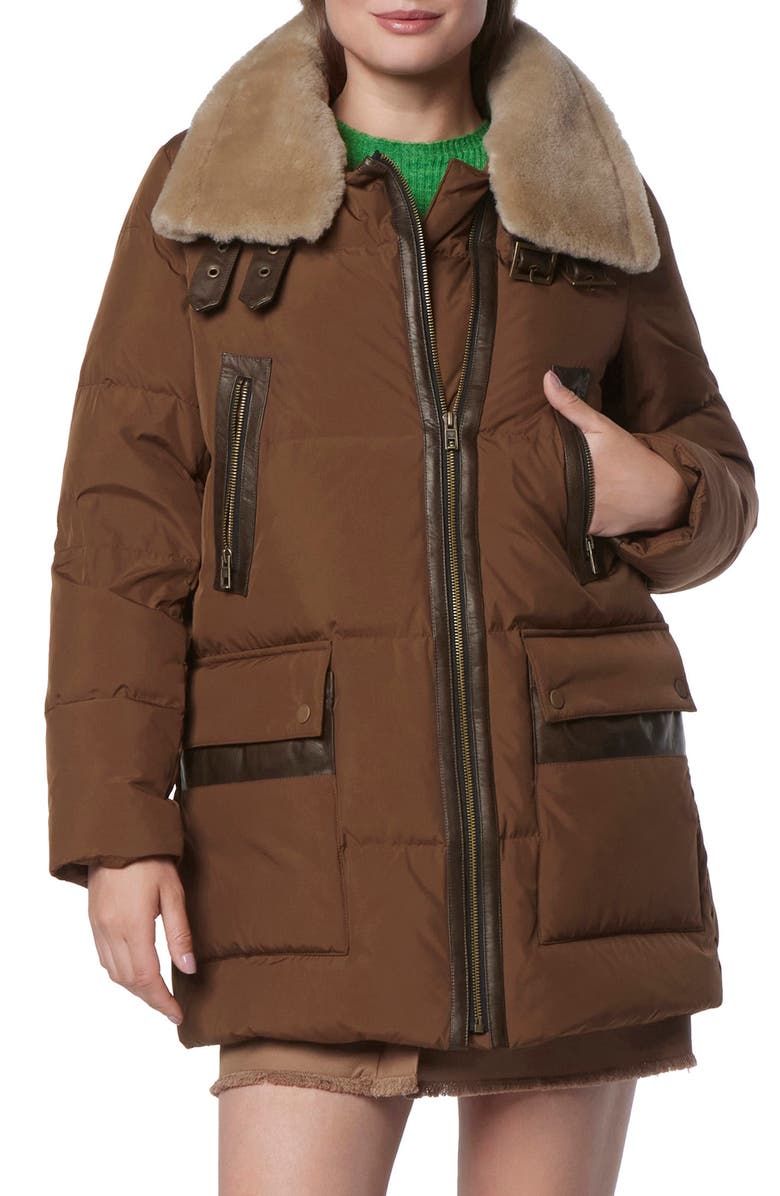 Andrew Marc Dutton Genuine Shearling Trim Down & Feather Fill Puffer Parka, Main, color, Sepia
