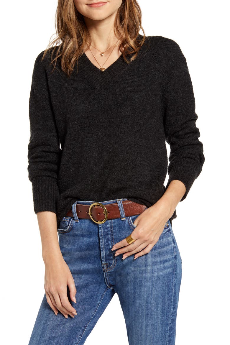 Cozy V-Neck Sweater, Main, color, GREY DARK CHARCOAL HEATHER