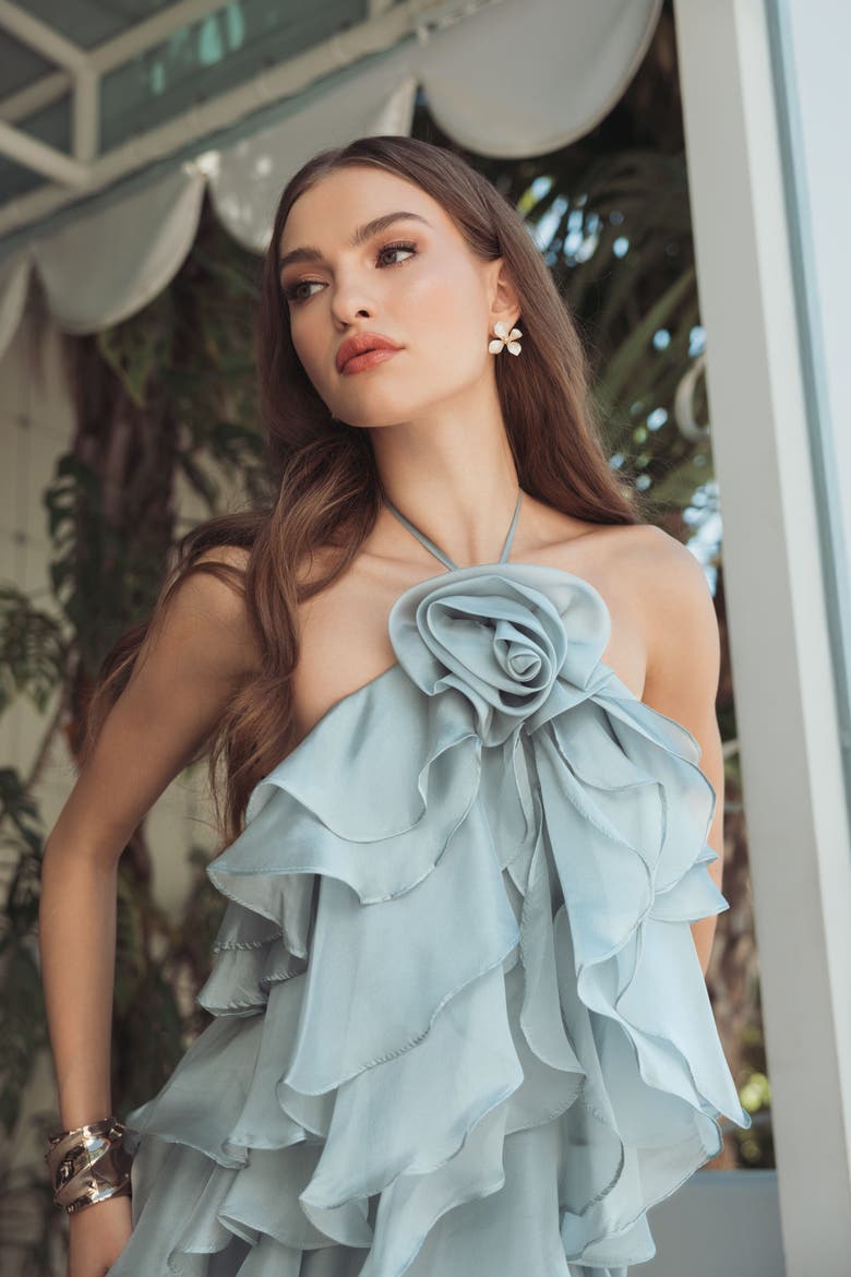 Organza Halter Neck Open Back Ruffle Gown, Alternate, color, Mint