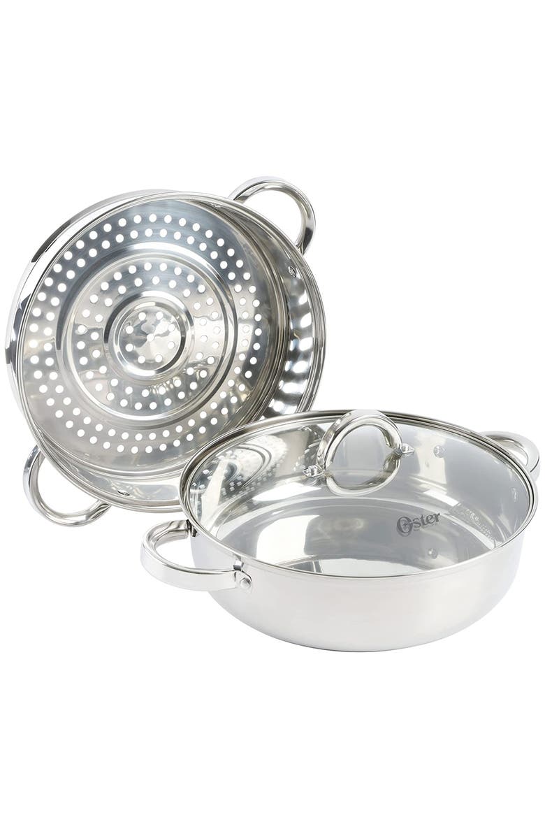 OSTER Sangerfield 3 Piece 11 Inch Stainless Steel Everyday Pan with Steamer and Lid, Alternate, color, Metallic Silver